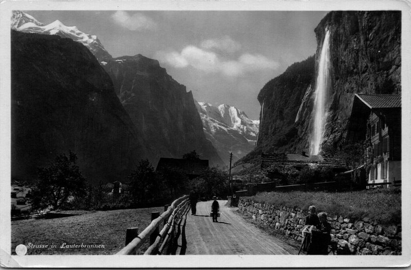 Strasse In Lauterbrunnenn Switzerland Swiss Alps Staubbach Falls RPPC Postcard