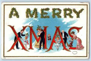 Christmas Postcard Large Letters Holly Berries People Scene Embossed Hazel ND