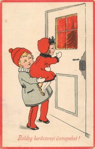 Adorable drawn children Christmas fantasy greetings postcard Hungary 1923