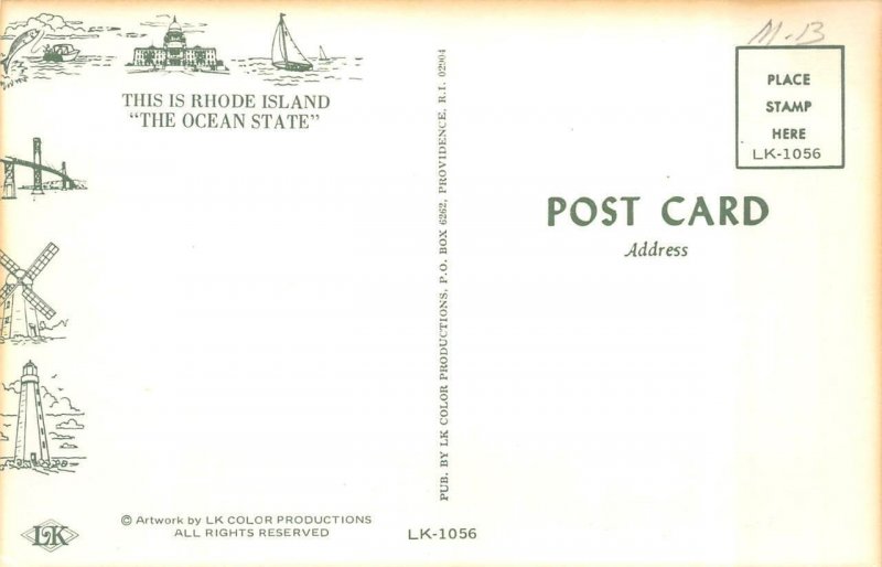 3~Postcards Rhode Island RI ~ GREETINGS Roadside Attractions~Map~State Flag~Bird