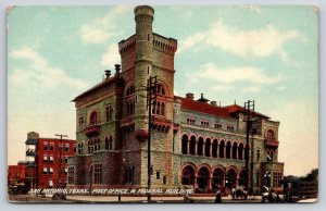 San Antonio Texas~Post Office St View~Stone Bldg~Carriage~Tower~c1910 Postcard