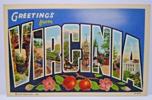 Greetings From Virginia Large Big Letter Linen Postcard Curt Teich Unused State