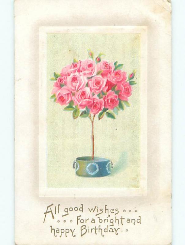 Pre-Linen PINK ROSE FLOWERS GROWING ON POTTED TREE J2908