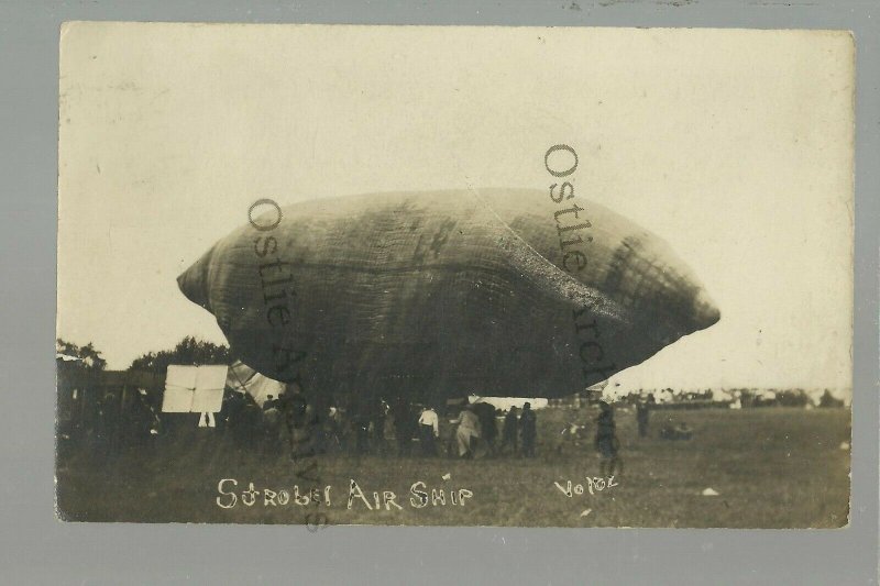 Waterville MAINE RPPC 1908 STROBEL AIRSHIP Balloon Zeppelin BEFORE CRASH & DEATH