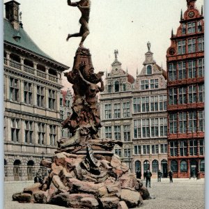 c1910s Antwerp Belgium Brabo Fountain Statue Postcard Grote Markt Square Legend
