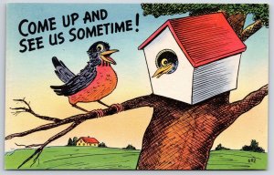 Come Up And See Us Sometime! Bird Visiting Fellow Bird In Birdhouse Postcard