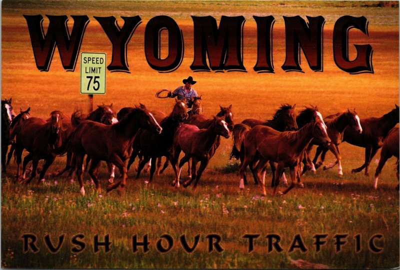 VINTAGE CONTINENTAL SIZE POSTCARD WYOMING RUSH HOUR TRAFFIC