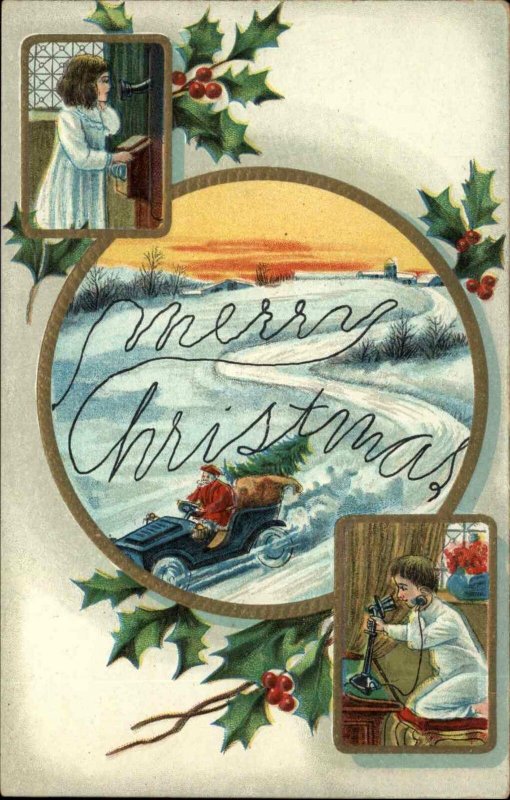 SANTA CLAUS Little Girl and Boy on Telephone Santa in Old Car c1910 Postcard