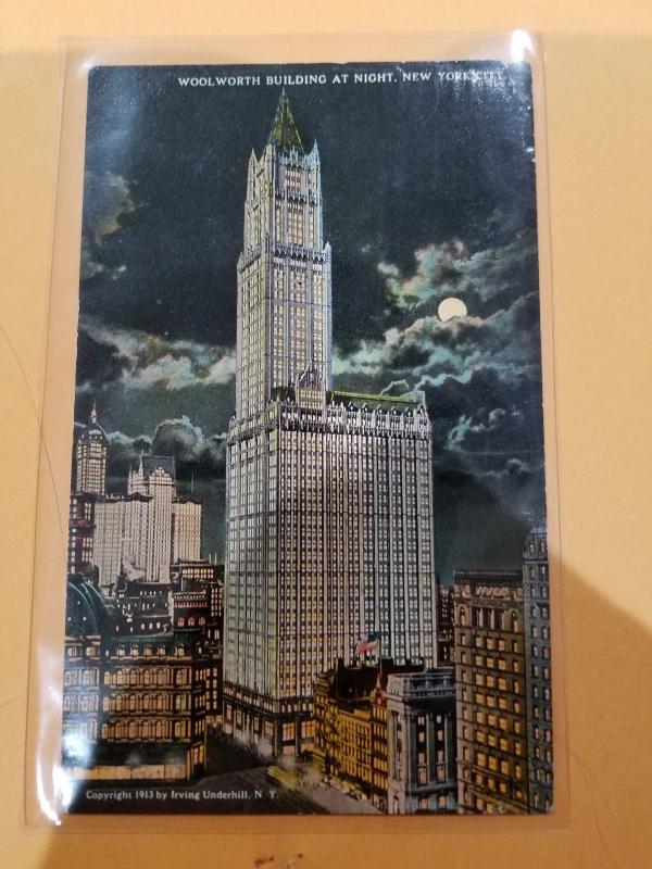 Antique Postcard, Woolworth Building at Night, New York City