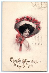1907 Christmas Greeting Pretty Woman Floral Hat Minneapolis MN Antique Postcard