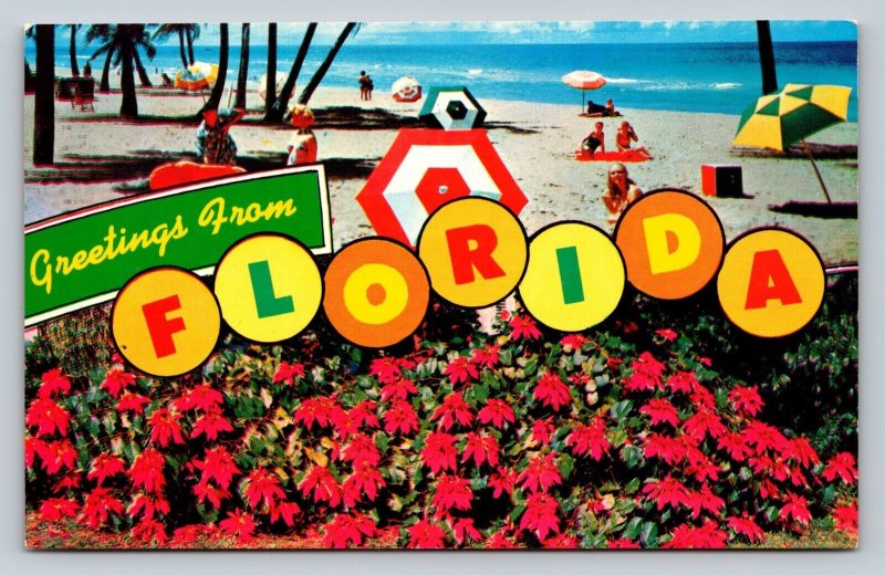 Greetings From Florida View of Flowers & People at Beach Vintage Postcard 0812