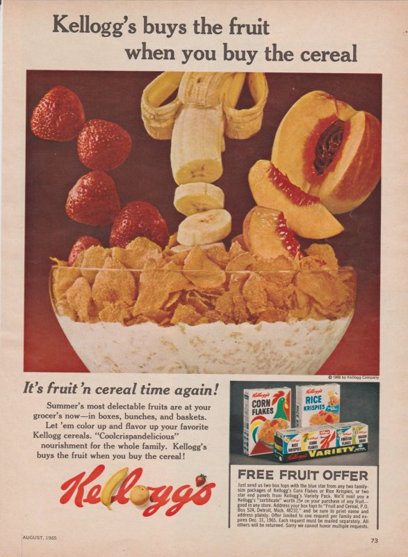 1965 color Print Ad Kellogg's Corn Flakes, Free Fruit Offer 8 x 11