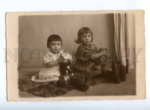 189983 Little Girls w/ TEDDY BEAR Toy Vintage REAL PHOTO PREIM