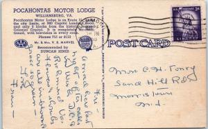 WILLIAMSBURG, VA Virginia POCAHONTAS MOTOR LODGE  1956  Roadside  Linen Postcard