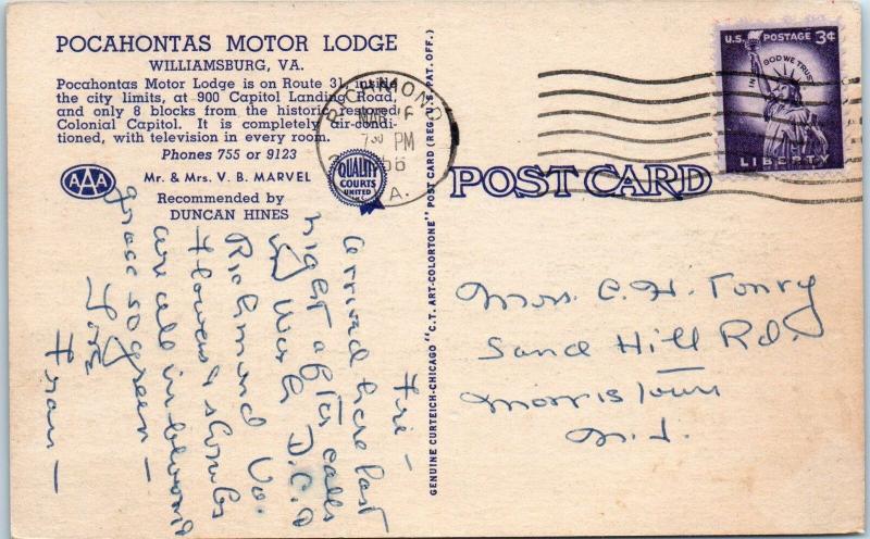 WILLIAMSBURG, VA Virginia POCAHONTAS MOTOR LODGE  1956  Roadside  Linen Postcard