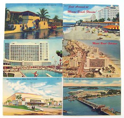 T249    MIAMI BEACH,  FL.   POSTCARD LOT,  6  DIFFERENT