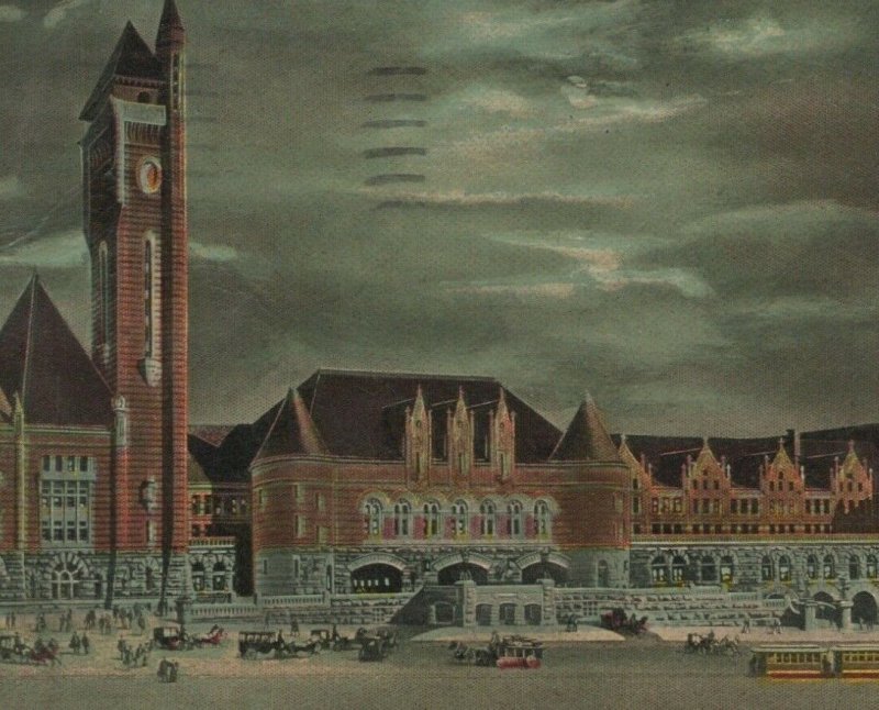 c1907s Union Station Railroad Train Depot St Louis Missouri trolley night E63 