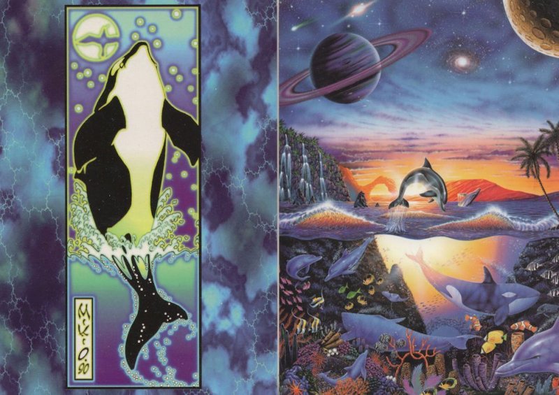 Dolphins in Outer Space 2x Psychedelic Fantasy Art Postcard s