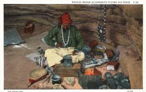 Vintage Postcard Navajo Indian Silversmith Hogan At Coolidge Skillful Work