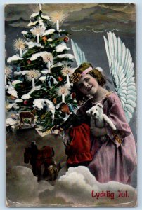 Christmas Postcard Angel With Decorated Christmas Tree Winter Scene c1910's