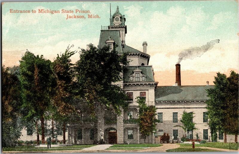 Entrance to Michigan State Prison Jackson MI Vintage Postcard Q14