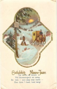 Coach and horses in snow scene Old vintage German New Year Greetings PC