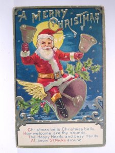 Santa Claus Christmas Postcard Kris Kringle Fantasy Flying Bell Craft Full Moon