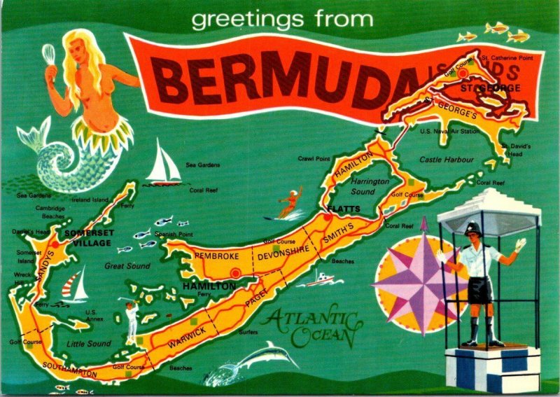 VINTAGE CONTINENTAL SIZE POSTCARD GREETINGS FROM BERMUDA LOADED WITH STAMPS 1980