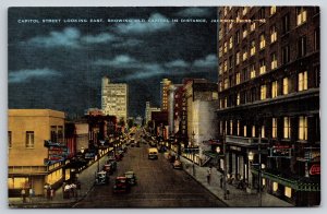 Jackson MS~Capitol St East View~Old Capitol Bldg~Buffet Sign~Linen Postcard