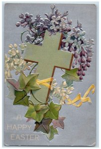 1908 Happy Easter Holy Cross Pansies Flowers Embossed Posted Antique Postcard