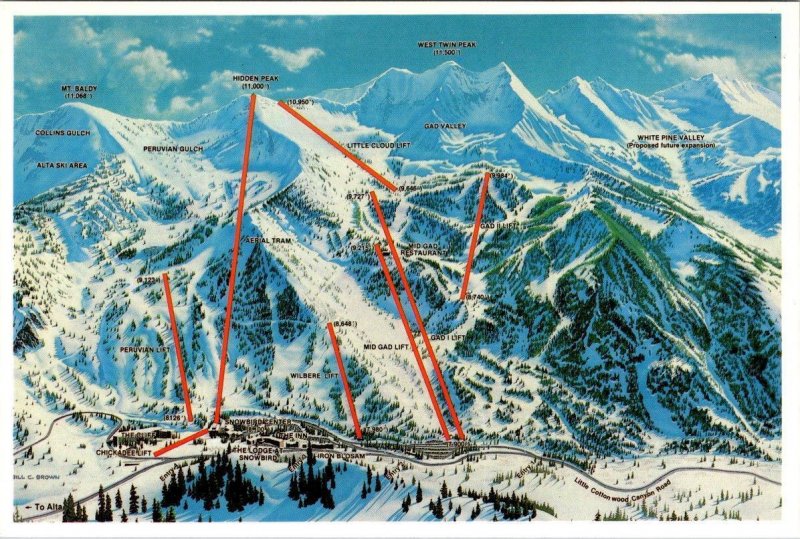 2~4X6 Postcards UT, Utah  SNOWBIRD SKI RESORT Night View & Chair Lift~Run Map