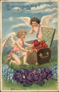 Valentine - Cupids w/ Treasure Chest of Hearts c1905 Postcard