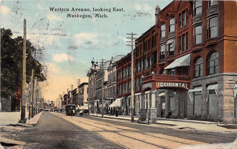 A62/ Muskegon Michigan Mi Postcard 1911 Western Avenue East Occidental Hotel