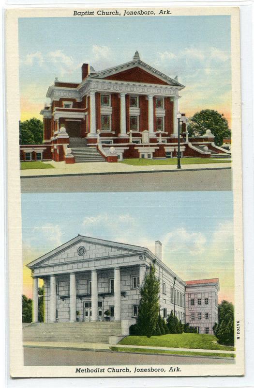 Baptist & Methodist Church Jonesboro Arkansas linen postcard