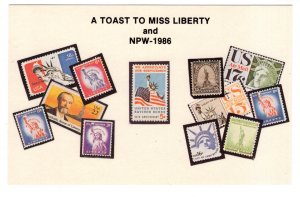 A Toast to Miss Liberty and NPW, US Postage Stamps on a Postcard 1986