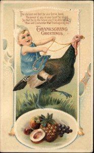 Thanksgiving Little Girl Riding Turkey Embossed c1910 Postcard - Lovely Art