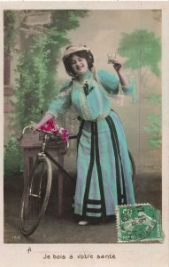 A Je bois à votre santé~Beautiful Woma & Bicycle~1909 French Photo POSTCARD