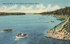 Boats on Lake Maranacook, Winthrop, Maine Linen Postcard