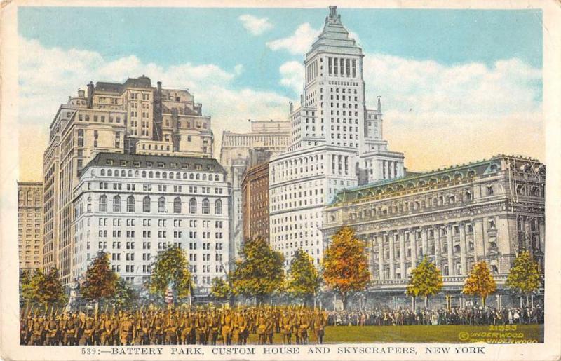 New York City Battery Park Skyscraper Street View Antique Postcard K36696