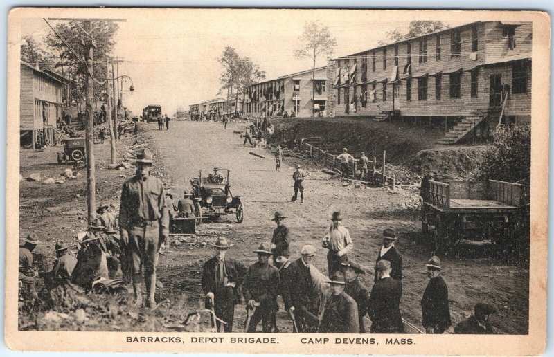 c1910s Camp Devens, MA Barracks Depot Brigade Ford Car Soldiers Postcard A119