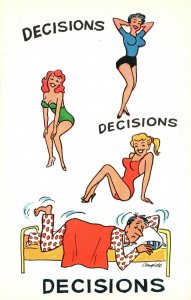 Vintage Postcard Funny Sexy Girls Decisions Man Falling Asleep Comic Card