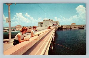 St. Petersburg FL-Florida, Pier, Girls Fishing, Classic Cars, Chrome Postcard 