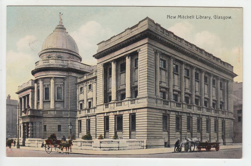 P2007, old view postcard horses & wagons new mitchell library glasgow scotland