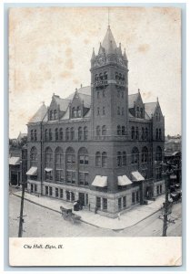 c1905 City Hall Summit Street Facade Clock Tower Building View Elgin IL Postcard