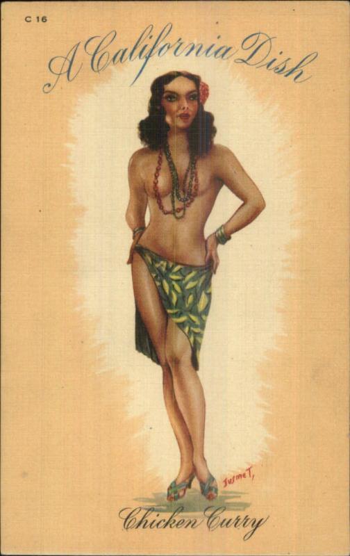 Sexy Topless Pin-Up California Dish Series C-16 Chicken Curry Linen Postcard