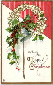 CHRISTMAS GREETING Embossed   WREATH, BELL, HOLLY  c1910s Stecher  Postcard