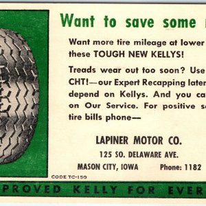1950 Mason City, IA Lapiner Motor Advertising Kelly Tires Auto Car Postcard A166