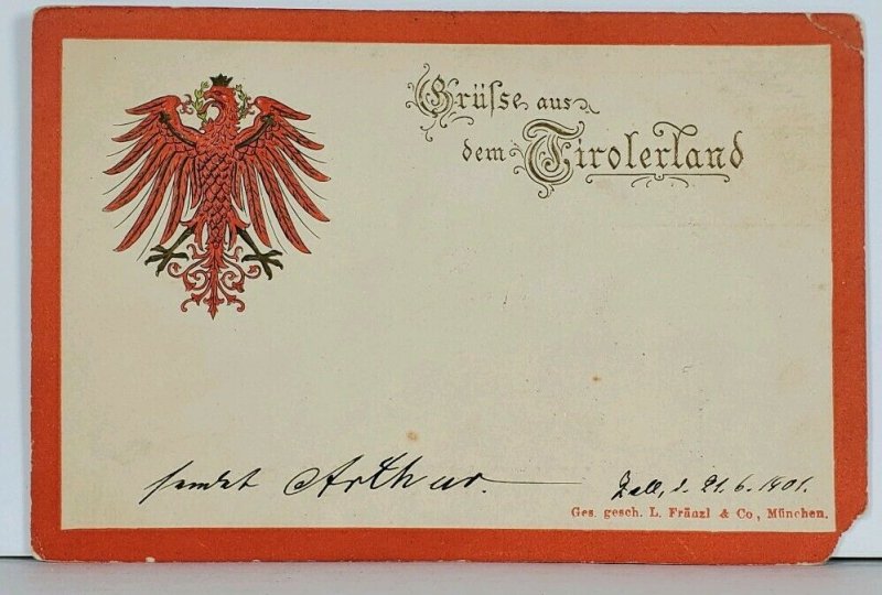 Tirolerland Austria Gruss Aus Eagle Crest to Hannover Embossed Postcard K18