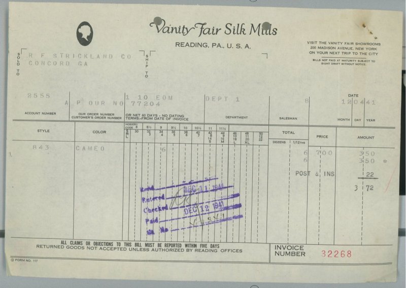 1941 Vanity Fair Silk Mills Reading PA Invoice R.F. Strickland Co. Concord GA152 