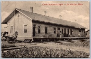 Postcard St. Vincent Minnesota Great Northern Depot Railroad Kittson County